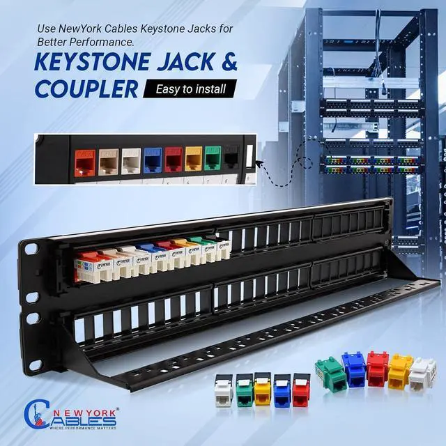 Alt view image 5 of 7 - NewYork Cables 48 Port Blank Keystone Patch Panel 2U 19 Inch Rack Mount, Snap-in Modular Design, Cat6 Network Ethernet Panel, Heavy Duty Steel, for Server Racks, Supports Slim Keystone Jacks Only