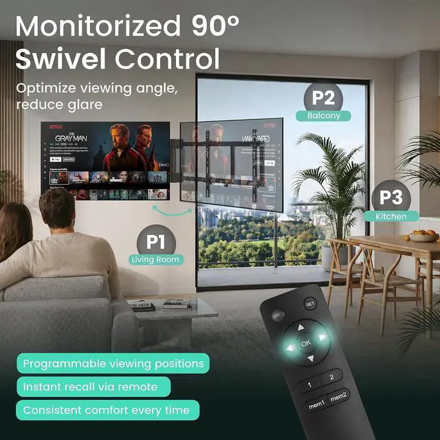 Alt view image 5 of 7 - ynVISION.DESIGN Motorized Swing Out TV Wall Mount for 32-75" TV with Remote