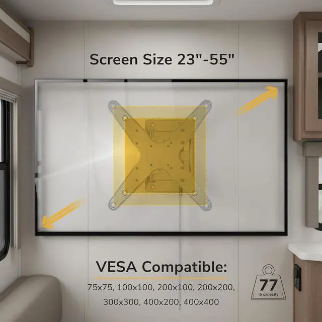 Alt view image 3 of 7 - Mount-It! Lockable RV TV Mount 23-55 Inch, Full Motion RV TV Wall Mount for Camper, Travel Trailer & Motorhome, Pull Cord Locking Mechanism, Quick Release, Heavy Duty VESA 75x75-400x400, 77 lb