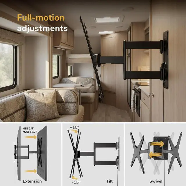 Alt view image 7 of 7 - Mount-It! Lockable RV TV Mount 23-55 Inch, Full Motion RV TV Wall Mount for Camper, Travel Trailer & Motorhome, Pull Cord Locking Mechanism, Quick Release, Heavy Duty VESA 75x75-400x400, 77 lb