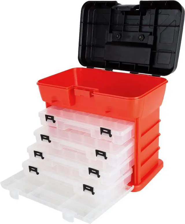 Main image of Small Parts Organizer Box - 11-Inch Portable Storage Case with 4 Removable Multi-Compartment Trays for Screws, Beads, Small Fishing Tackle, Hardware, and Craft Supplies by Stalwart (Red)