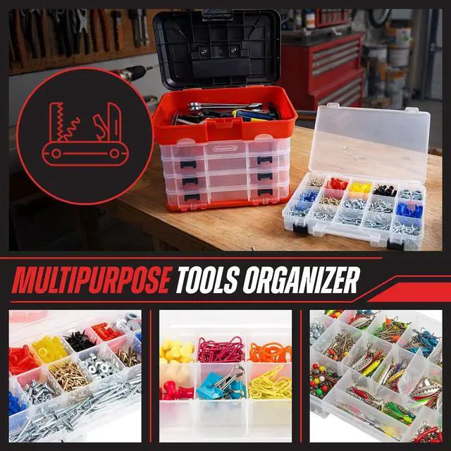Alt view image 2 of 7 - Small Parts Organizer Box - 11-Inch Portable Storage Case with 4 Removable Multi-Compartment Trays for Screws, Beads, Small Fishing Tackle, Hardware, and Craft Supplies by Stalwart (Red)