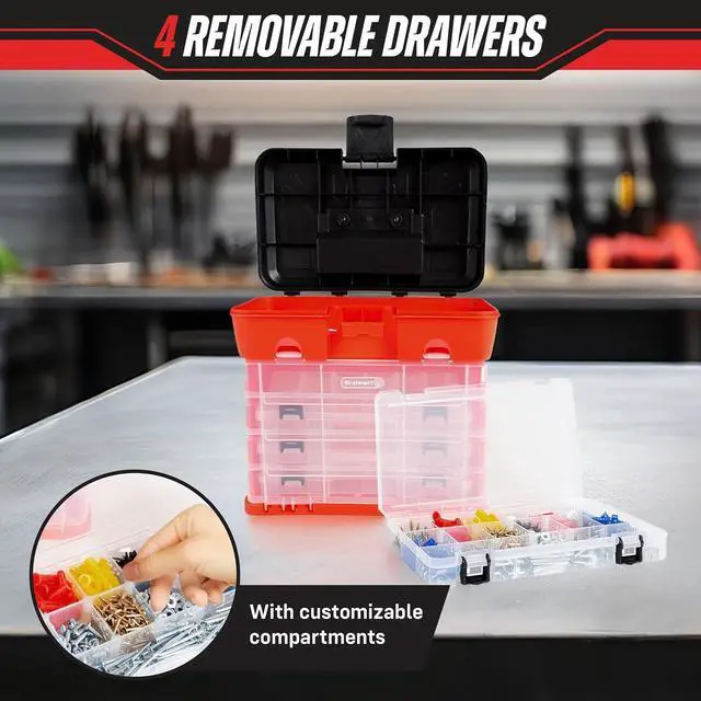 Alt view image 4 of 7 - Small Parts Organizer Box - 11-Inch Portable Storage Case with 4 Removable Multi-Compartment Trays for Screws, Beads, Small Fishing Tackle, Hardware, and Craft Supplies by Stalwart (Red)