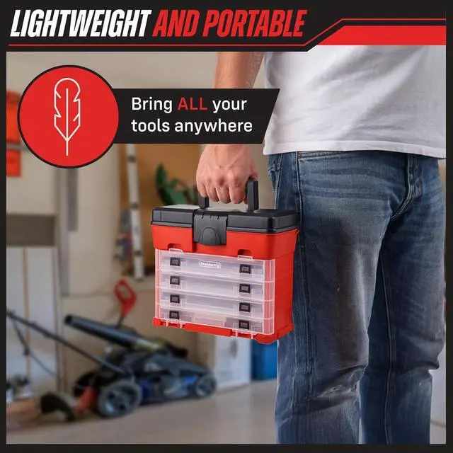 Alt view image 5 of 7 - Small Parts Organizer Box - 11-Inch Portable Storage Case with 4 Removable Multi-Compartment Trays for Screws, Beads, Small Fishing Tackle, Hardware, and Craft Supplies by Stalwart (Red)