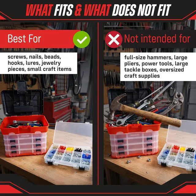 Alt view image 7 of 7 - Small Parts Organizer Box - 11-Inch Portable Storage Case with 4 Removable Multi-Compartment Trays for Screws, Beads, Small Fishing Tackle, Hardware, and Craft Supplies by Stalwart (Red)