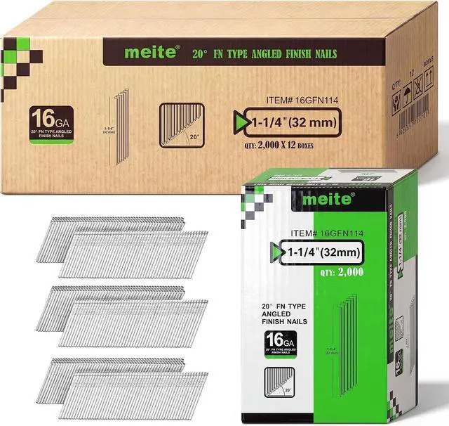 Main image of meite 16 Gauge Finish Nails 1-1/4 Inch Galvanized 20 Degree Angled 24000PCS