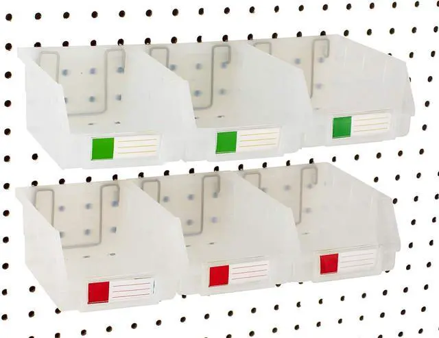 Main image of Pegboard Bins 6 Pack Clear Large - Hooks to Any Peg Board - Organize Hardware, Accessories, Attachments, Workbench, Garage Storage, Craft Room, Tool Shed, Hobby Supplies, Small Parts