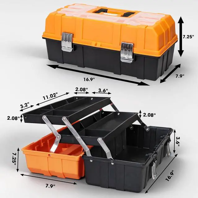 Alt view image 2 of 7 - Torin 17-Inch Plastic Tool Box,3-Tiers Multi-Function Storage Portable Toolbox Organizer, Black/Orange ATRJH-3430T