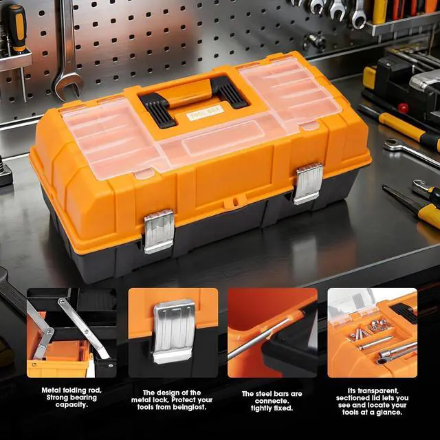 Alt view image 3 of 7 - Torin 17-Inch Plastic Tool Box,3-Tiers Multi-Function Storage Portable Toolbox Organizer, Black/Orange ATRJH-3430T