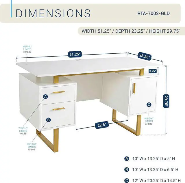 Alt view image 3 of 7 - Techni Mobili 51"W Computer Desk w/ 2 Drawers & Storage Cabinet, White/Gold