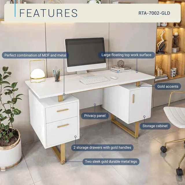 Alt view image 4 of 7 - Techni Mobili 51"W Computer Desk w/ 2 Drawers & Storage Cabinet, White/Gold