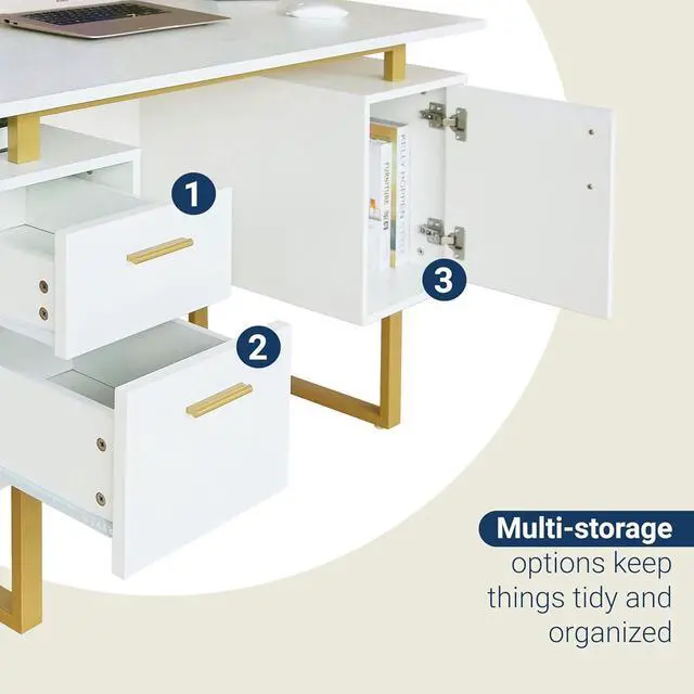 Alt view image 5 of 7 - Techni Mobili 51"W Computer Desk w/ 2 Drawers & Storage Cabinet, White/Gold