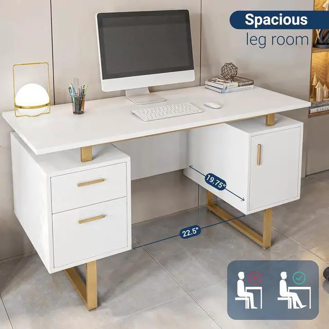 Alt view image 6 of 7 - Techni Mobili 51"W Computer Desk w/ 2 Drawers & Storage Cabinet, White/Gold