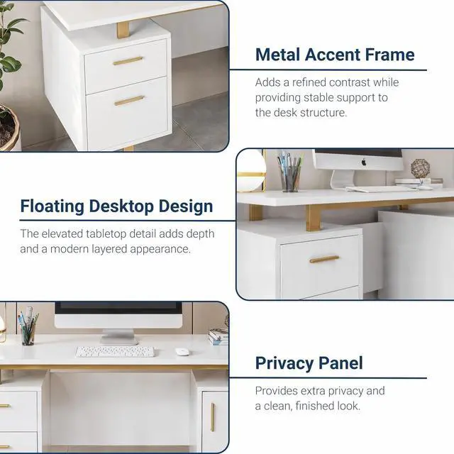 Alt view image 7 of 7 - Techni Mobili 51"W Computer Desk w/ 2 Drawers & Storage Cabinet, White/Gold