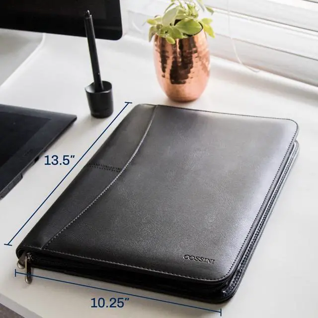 Alt view image 4 of 7 - Cossini Black Superior Vegan Leather Business Portfolio with Zipper Padfolio All-in-One. Smartest Protective 10.1 Inch Tablet Sleeve, Presentation Slot, Solar Calculator, Card Storage, Writing Pad
