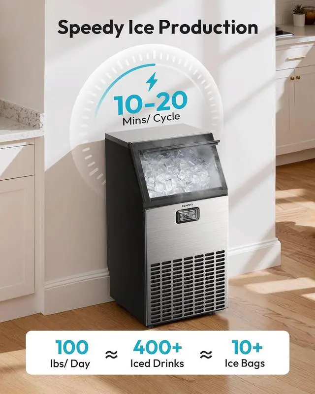 Alt view image 2 of 7 - EUHOMY Commercial Ice Maker Machine - 100lbs Daily Production, 33lbs Ice Storage, Stainless Steel Freestanding & Under Counter Ice Maker, Ideal Ice Maker for Home/Bar/Restaurant/Outdoor Activities