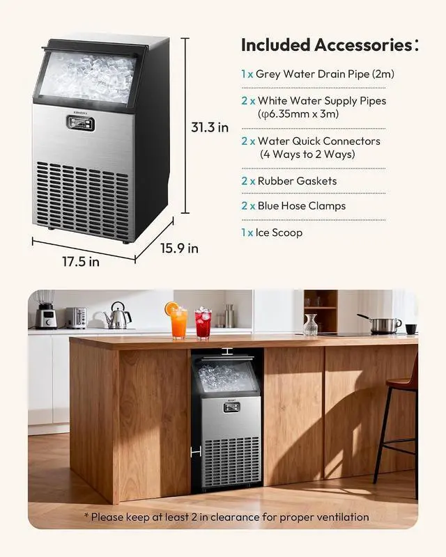 Alt view image 7 of 7 - EUHOMY Commercial Ice Maker Machine - 100lbs Daily Production, 33lbs Ice Storage, Stainless Steel Freestanding & Under Counter Ice Maker, Ideal Ice Maker for Home/Bar/Restaurant/Outdoor Activities