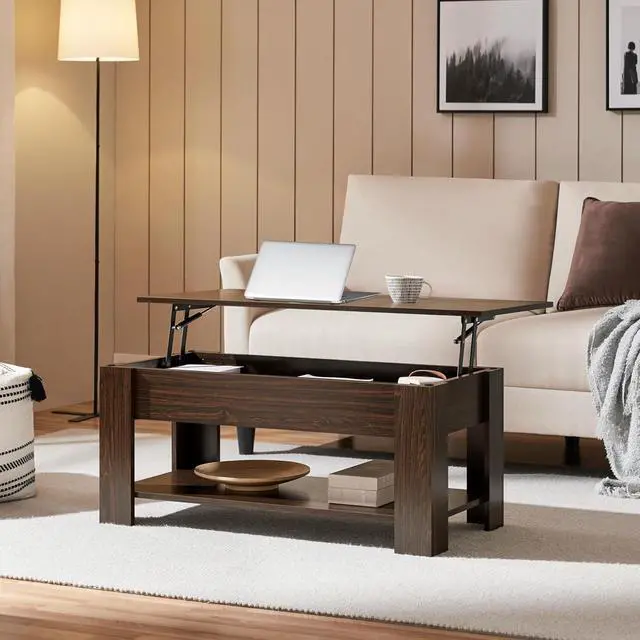 Alt view image 2 of 7 - Yaheetech Lift Top Coffee Table with Hidden Storage & Shelf, Espresso,38.6"