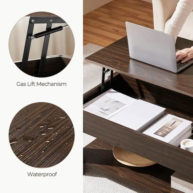 Alt view image 6 of 7 - Yaheetech Lift Top Coffee Table with Hidden Storage & Shelf, Espresso,38.6"