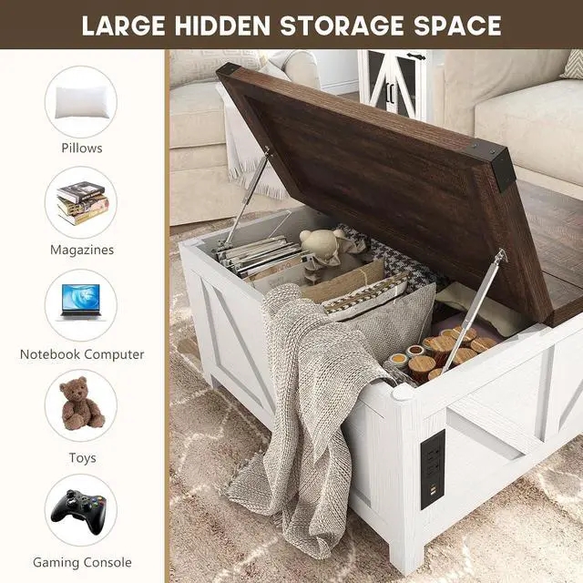 Alt view image 3 of 7 - jimeimen Farmhouse Lift Top Coffee Table with Storage, Wood Square Center Table with Charging Station&USB Port, Living Room Table w/Large Hidden Space, for Living Room, Bedroom, Home Office, White