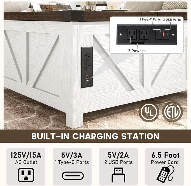 Alt view image 4 of 7 - jimeimen Farmhouse Lift Top Coffee Table with Storage, Wood Square Center Table with Charging Station&USB Port, Living Room Table w/Large Hidden Space, for Living Room, Bedroom, Home Office, White
