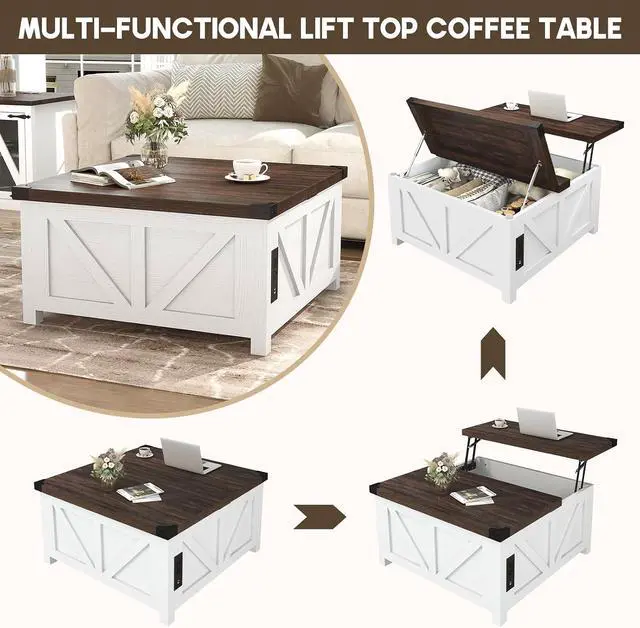 Alt view image 6 of 7 - jimeimen Farmhouse Lift Top Coffee Table with Storage, Wood Square Center Table with Charging Station&USB Port, Living Room Table w/Large Hidden Space, for Living Room, Bedroom, Home Office, White
