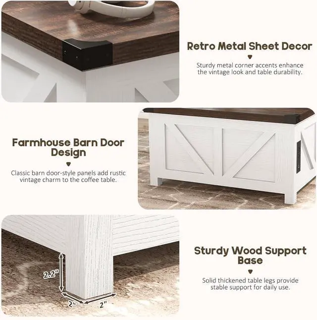 Alt view image 5 of 7 - jimeimen Farmhouse Lift Top Coffee Table with Storage, Wood Square Center Table with Charging Station&USB Port, Living Room Table w/Large Hidden Space, for Living Room, Bedroom, Home Office, White
