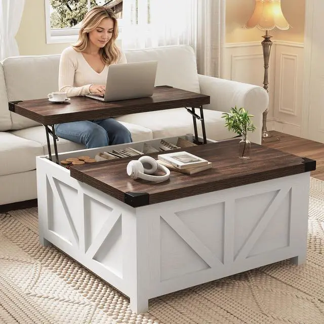 Alt view image 7 of 7 - jimeimen Farmhouse Lift Top Coffee Table with Storage, Wood Square Center Table with Charging Station&USB Port, Living Room Table w/Large Hidden Space, for Living Room, Bedroom, Home Office, White