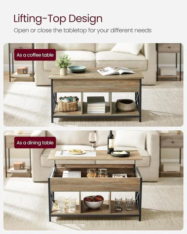 Alt view image 4 of 7 - VASAGLE Lift Top Coffee Table with Storage Shelf, 3 Compartments