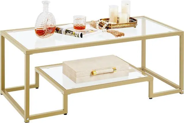 Main image of Yaheetech 42" Small Gold Coffee Table for Living Room, 2-Tier Glass Shelf