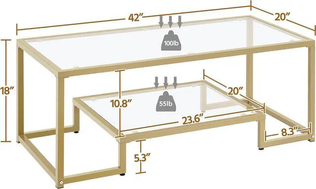 Alt view image 3 of 7 - Yaheetech 42" Small Gold Coffee Table for Living Room, 2-Tier Glass Shelf