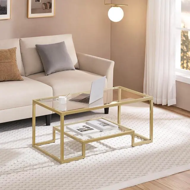 Alt view image 2 of 7 - Yaheetech 42" Small Gold Coffee Table for Living Room, 2-Tier Glass Shelf