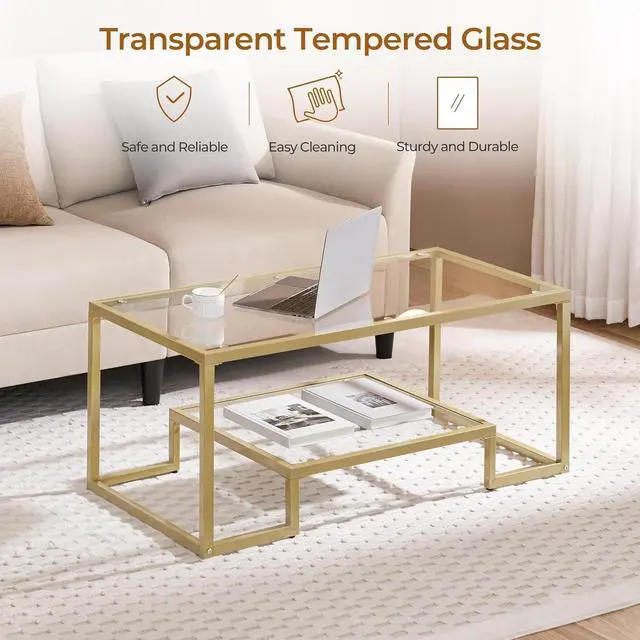 Alt view image 6 of 7 - Yaheetech 42" Small Gold Coffee Table for Living Room, 2-Tier Glass Shelf