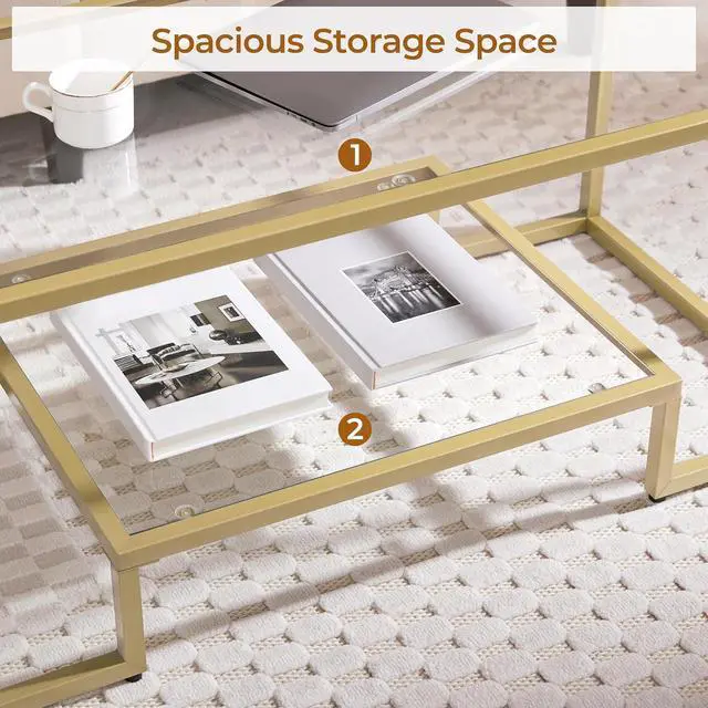 Alt view image 7 of 7 - Yaheetech 42" Small Gold Coffee Table for Living Room, 2-Tier Glass Shelf