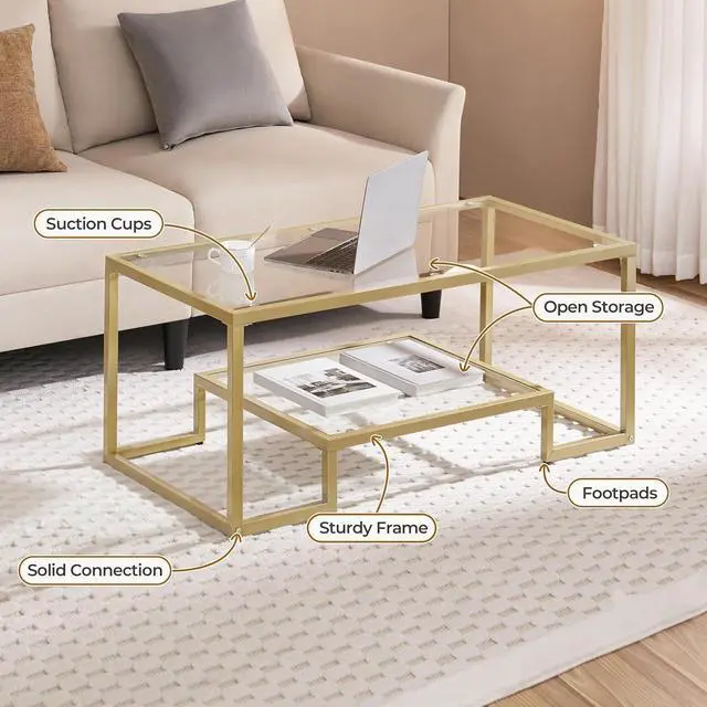 Alt view image 5 of 7 - Yaheetech 42" Small Gold Coffee Table for Living Room, 2-Tier Glass Shelf