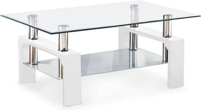 Main image of Rectangle Glass Coffee Table-White Modern Side Coffee Table with Lower Shelf Metal Legs-Suit for Living Room