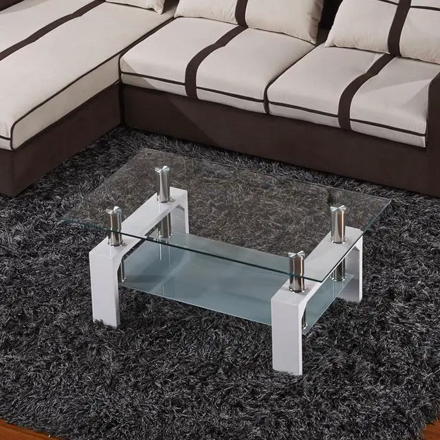 Alt view image 2 of 7 - Rectangle Glass Coffee Table-White Modern Side Coffee Table with Lower Shelf Metal Legs-Suit for Living Room