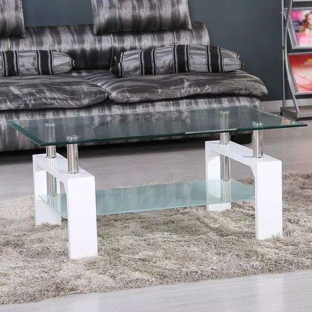 Alt view image 3 of 7 - Rectangle Glass Coffee Table-White Modern Side Coffee Table with Lower Shelf Metal Legs-Suit for Living Room