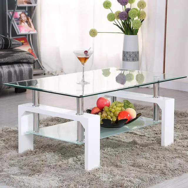 Alt view image 4 of 7 - Rectangle Glass Coffee Table-White Modern Side Coffee Table with Lower Shelf Metal Legs-Suit for Living Room