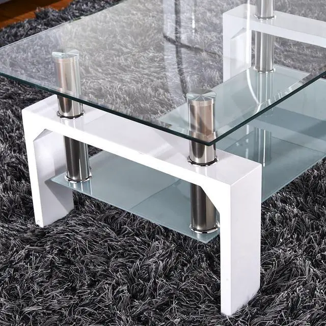 Alt view image 5 of 7 - Rectangle Glass Coffee Table-White Modern Side Coffee Table with Lower Shelf Metal Legs-Suit for Living Room