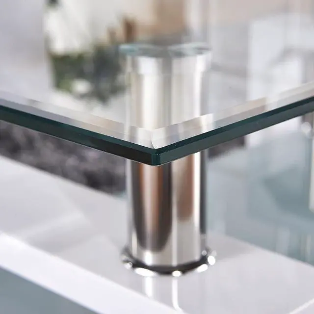 Alt view image 6 of 7 - Rectangle Glass Coffee Table-White Modern Side Coffee Table with Lower Shelf Metal Legs-Suit for Living Room