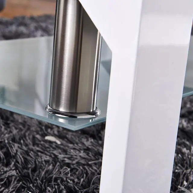Alt view image 7 of 7 - Rectangle Glass Coffee Table-White Modern Side Coffee Table with Lower Shelf Metal Legs-Suit for Living Room