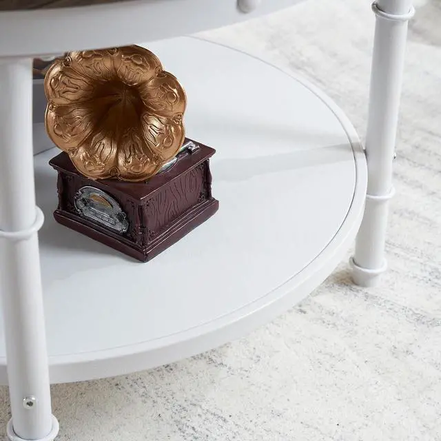 Alt view image 7 of 7 - VINGLI 25.6" Round Farmhouse Coffee Table with Storage, Dark Walnut White