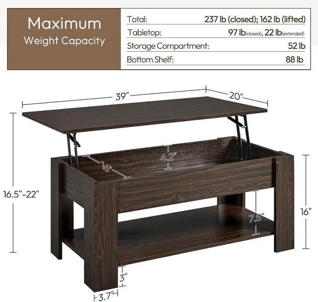 Alt view image 3 of 7 - Yaheetech Lift Top Coffee Table with Hidden Storage & Shelf, Espresso,38.6"