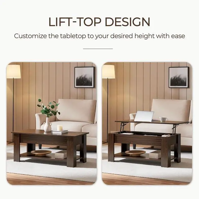 Alt view image 4 of 7 - Yaheetech Lift Top Coffee Table with Hidden Storage & Shelf, Espresso,38.6"