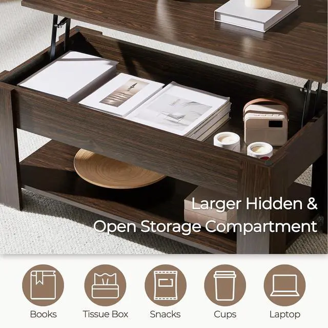 Alt view image 5 of 7 - Yaheetech Lift Top Coffee Table with Hidden Storage & Shelf, Espresso,38.6"