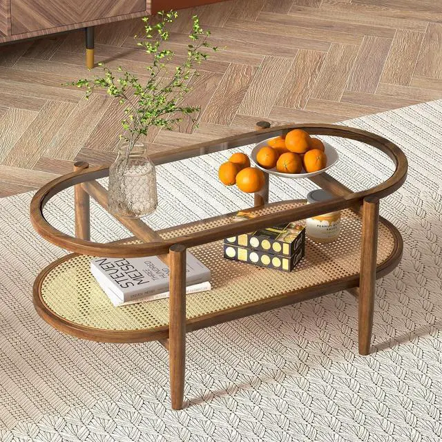 Main image of GIANTEX Rattan Coffee Table, 40" Wood Oval Center Table, Brown