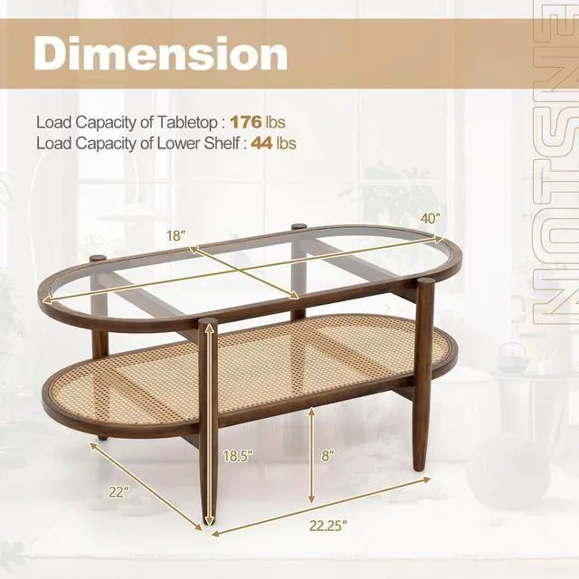 Alt view image 2 of 7 - GIANTEX Rattan Coffee Table, 40" Wood Oval Center Table, Brown