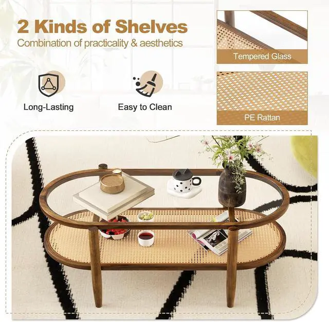 Alt view image 4 of 7 - GIANTEX Rattan Coffee Table, 40" Wood Oval Center Table, Brown