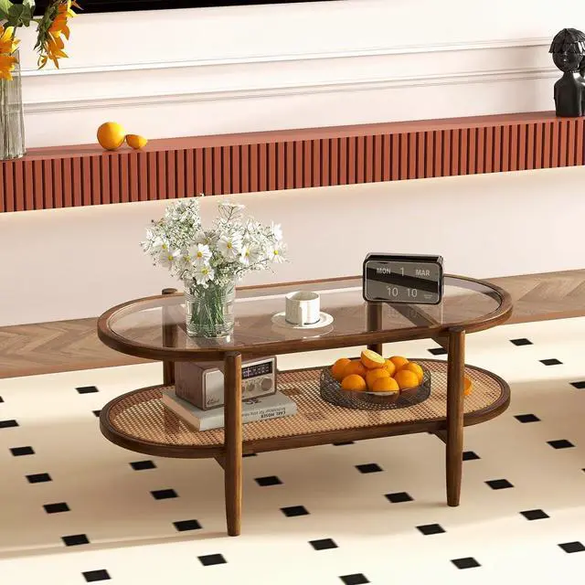 Alt view image 7 of 7 - GIANTEX Rattan Coffee Table, 40" Wood Oval Center Table, Brown